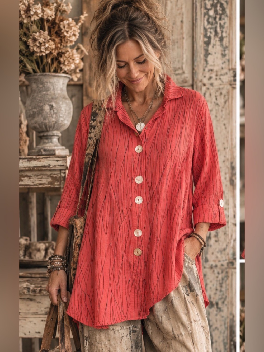 Ali Miles Coral Abstract Print Wired Collar Button Front Tunic Top